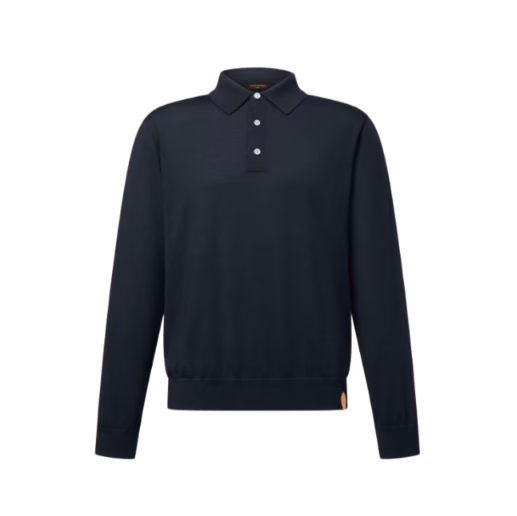 Langärmeliges Poloshirt aus Woll-Seide-Mischgewebe Marineblau