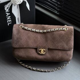 Maxi Flap Bag Metall in Goldoptik Dunkelbraun 32cm