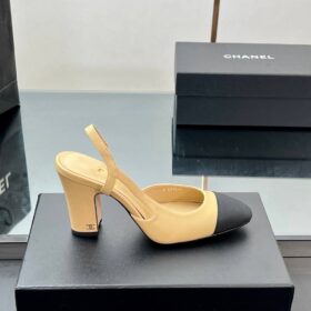 Ziegenleder & Grosgrain Beige & Schwarz 9 cm Absatzhöhe