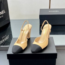 Ziegenleder & Grosgrain Beige & Schwarz 9 cm Absatzhöhe