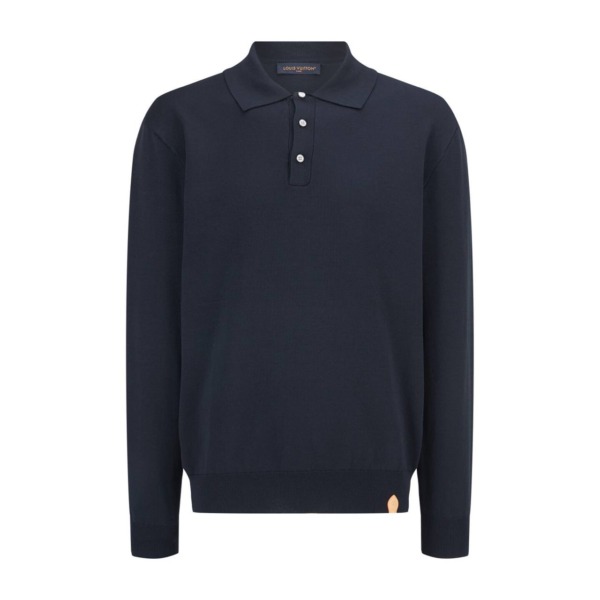 Langärmeliges Poloshirt aus Woll-Seide-Mischgewebe Marineblau